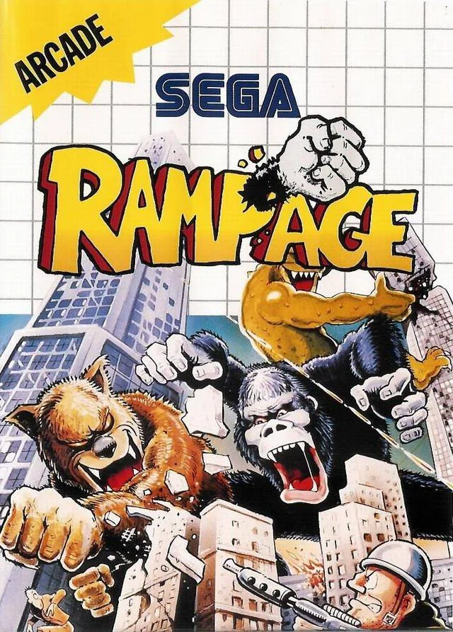 Portada europea de Rampage per a Sega Master System amb George, Lizzie i Ralph destruint una ciutat.