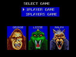 Menú de Rampage amb les opcions d’un o dos jugadors i els retrats de Ralph, George i Lizzie.