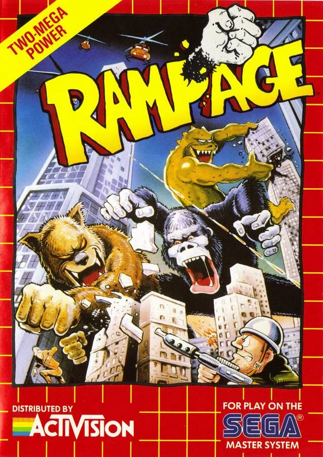 Portada nord-americana de Rampage amb una quadrícula vermella i els logotips d’Activision i Sega Master System.
