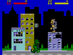 Lizzie i Ralph comparteixen un paisatge de Rampage, un al carrer i l’altre sobre els edificis.