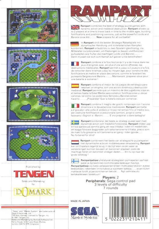 Contraportada europea de Rampart per a Sega Master System, amb captures i textos multilingües.