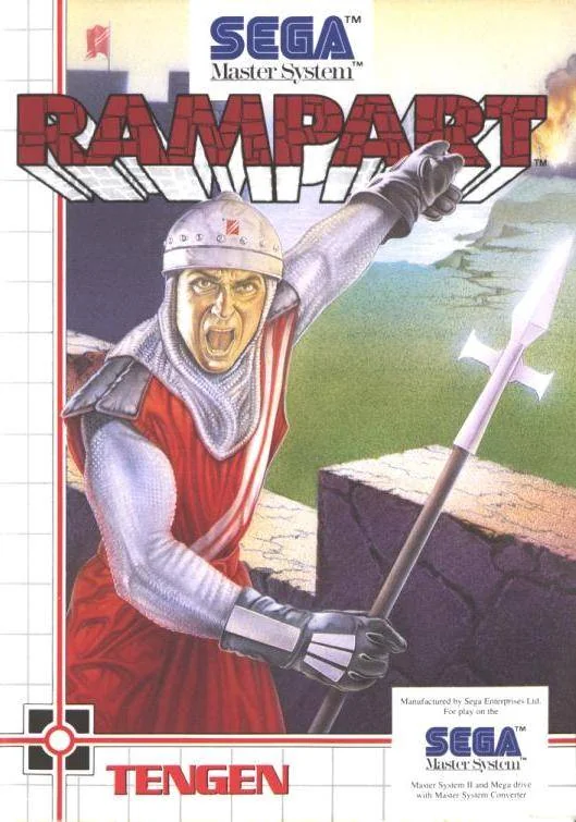 Portada frontal europea de Rampart per a Sega Master System, amb un guerrer davant d’una fortificació.