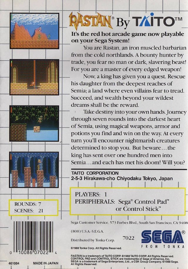 Contraportada nord-americana de Rastan per a Sega Master System, amb quatre captures i text en anglès.