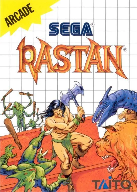 Portada nord-americana de Rastan per a Sega Master System, amb el bàrbar brandant una destral entre criatures.