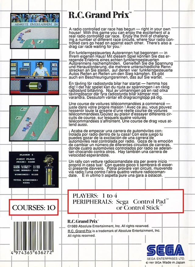 Contraportada europea de R.C. Grand Prix per a Sega Master System, amb captures i text multilingüe.