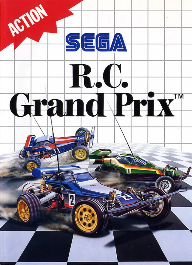Portada europea de R.C. Grand Prix per a Sega Master System, amb tres cotxes radiocontrolats.