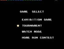 Menú nord-americà amb Exhibition Game, Tournament, Watch Mode i Home Run Contest.