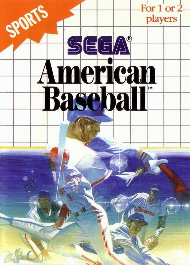 Portada europea d’American Baseball per a Sega Master System, amb diversos jugadors il·lustrats.