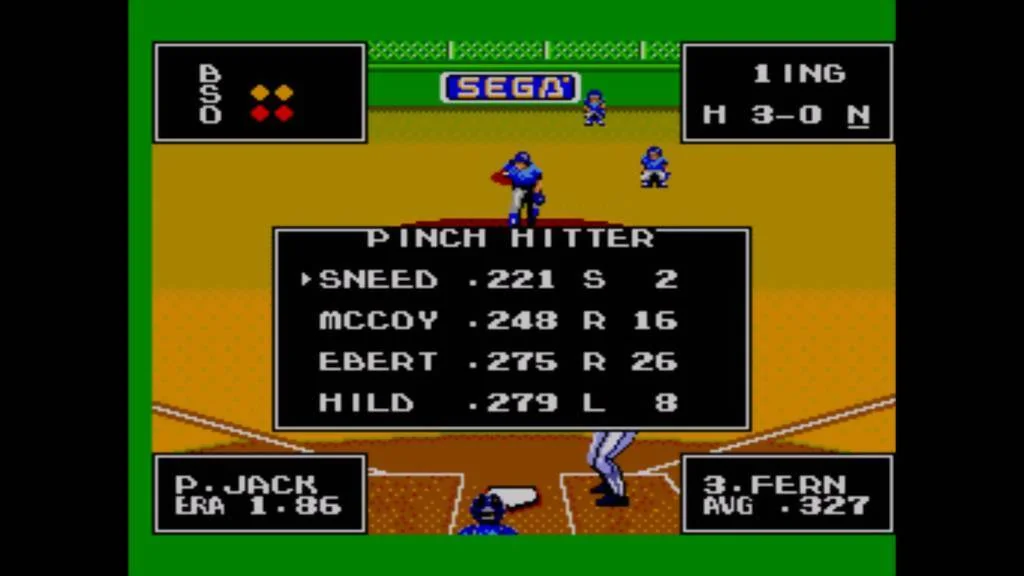Menú de batedors emergents de la variant American Baseball, amb quatre jugadors i estadístiques.