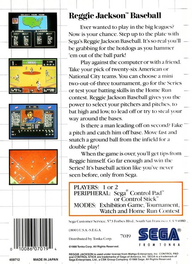 Contraportada nord-americana de Reggie Jackson Baseball per a Sega Master System, amb quatre captures i descripció dels modes.