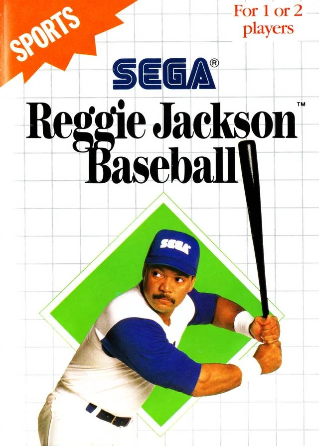 Portada nord-americana de Reggie Jackson Baseball per a Sega Master System, amb Reggie Jackson preparat per batejar.