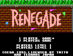 Pantalla de títol de Renegade amb opcions per al mode de dos jugadors per torns alterns i selecció de nivell.