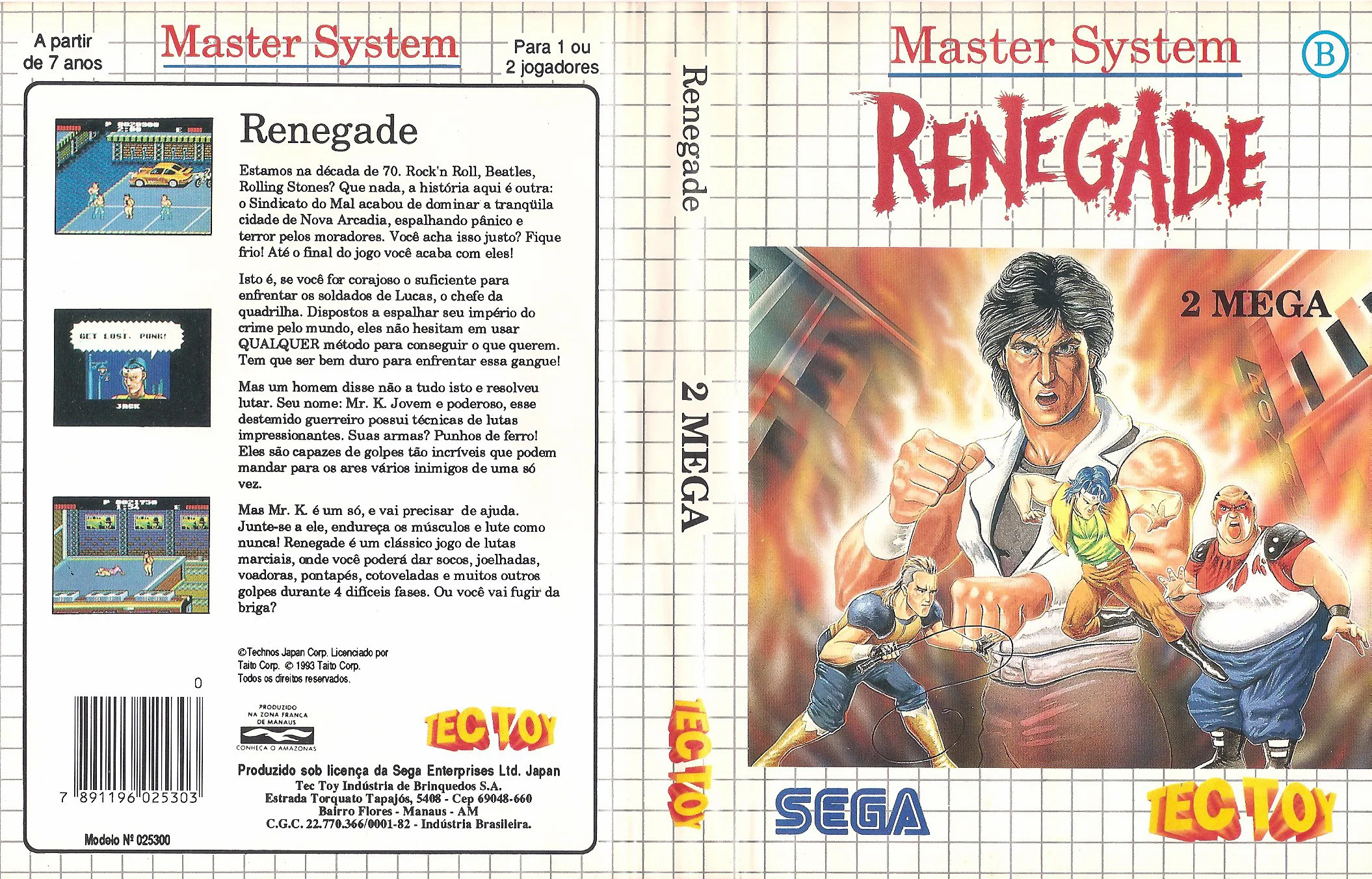 Caràtula brasilera desplegada de Renegade amb textos en portuguès i logotips de Tec Toy.