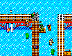 La vagoneta i diversos soldats sobre ponts ferroviaris envoltats d’aigua.