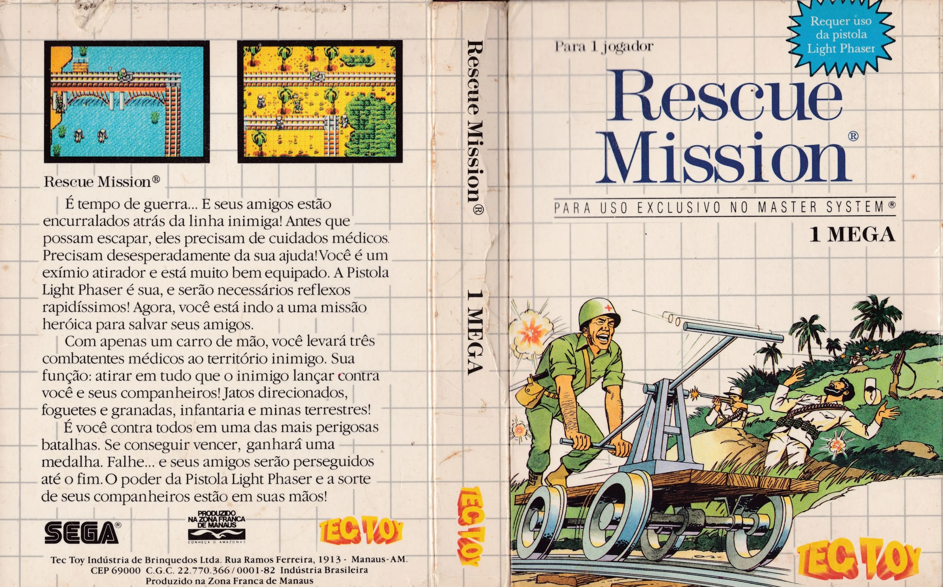 Coberta brasilera desplegada de Rescue Mission amb portada, llom, textos en portuguès i marca Tec Toy.