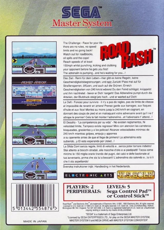 Contraportada europea de Road Rash per a Sega Master System, amb captures i text multilingüe.