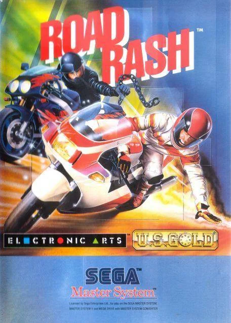 Portada europea de Road Rash per a Sega Master System, amb dos motoristes en plena topada.