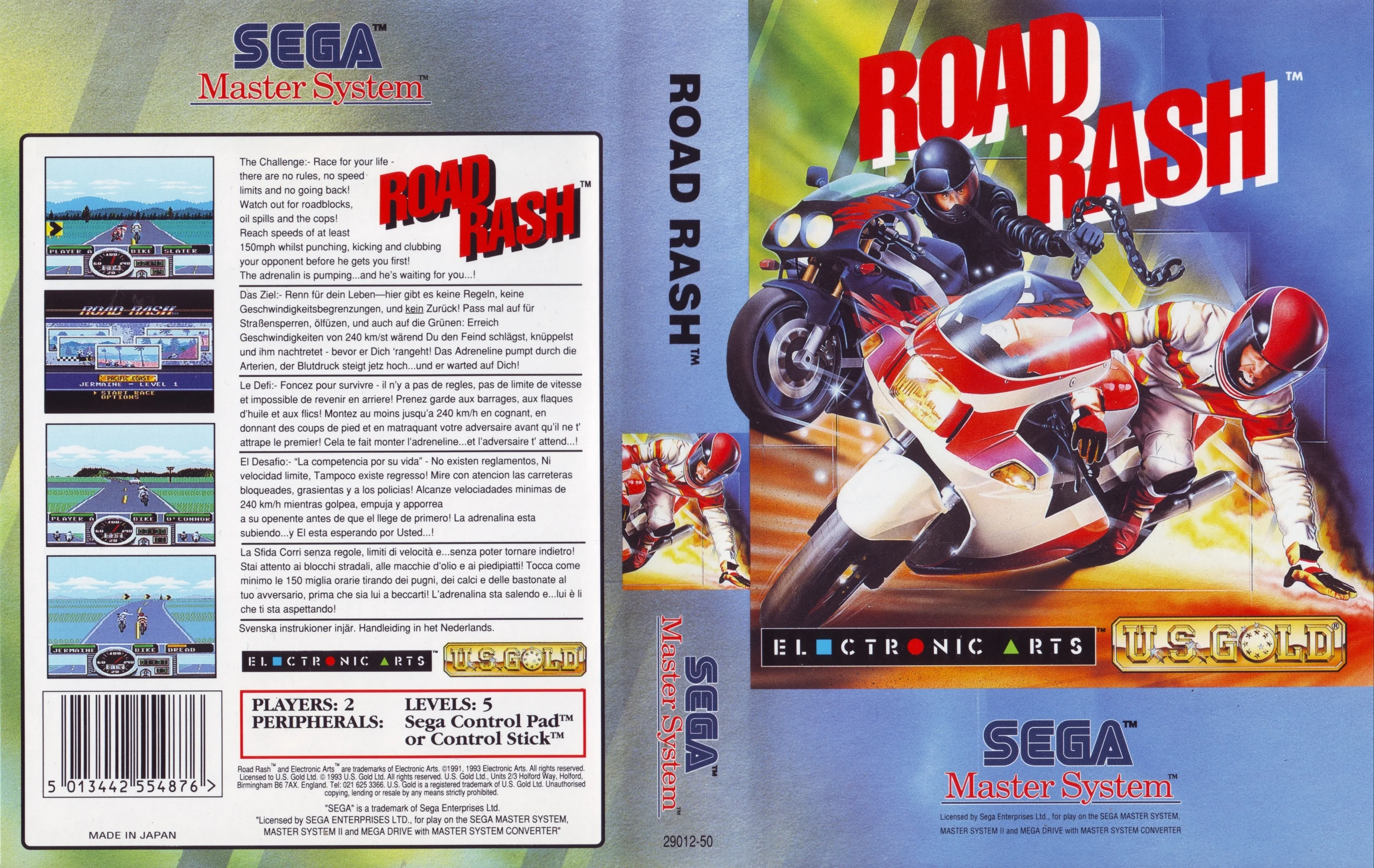Caràtula europea desplegada de Road Rash, amb portada, llom, captures i text multilingüe al revers.