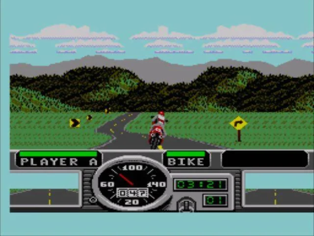 Motorista del jugador perseguint un rival per una carretera sinuosa entre turons.