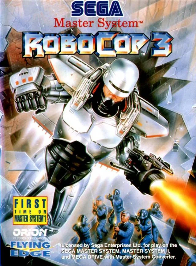 Portada europea de RoboCop 3 per a Sega Master System, amb RoboCop avançant entre fragments de vidre.