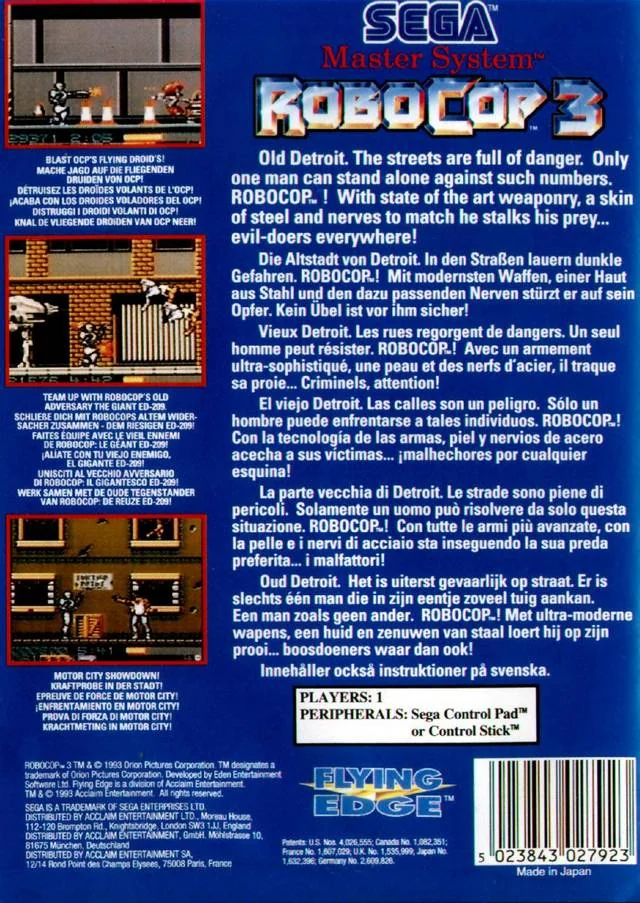 Contraportada europea de RoboCop 3 per a Sega Master System, amb text multilingüe i tres captures.