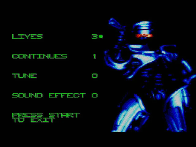 Menú d’opcions de RoboCop 3 amb selectors de vides, continuacions, música i efectes sonors.