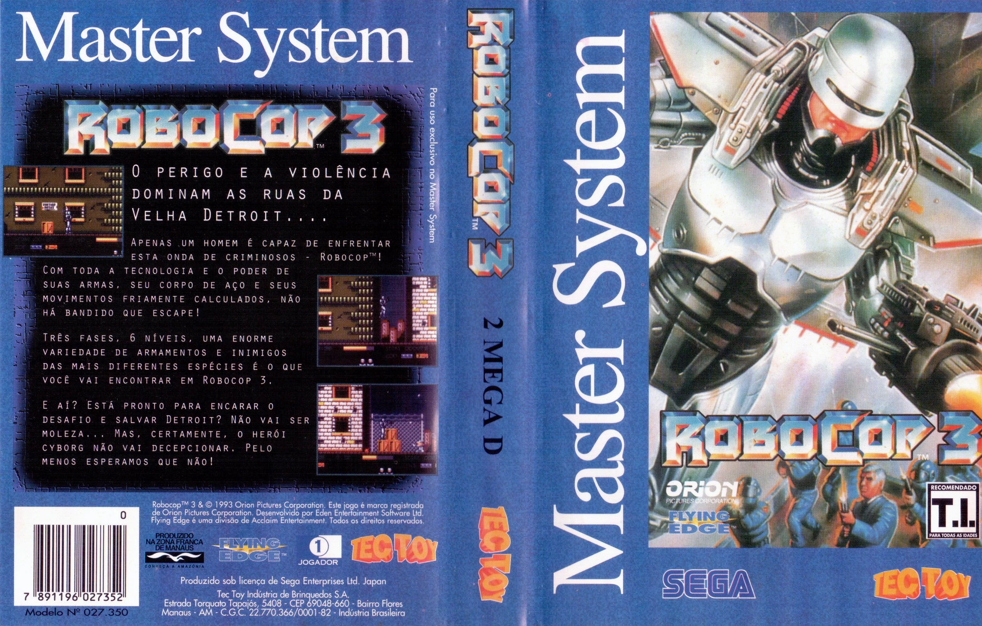 Caràtula brasilera desplegada de RoboCop 3, amb portada, llom, contraportada en portuguès i marques de Tec Toy i Sega.