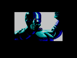Vinyeta introductòria de RoboCop alçant un braç, il·luminat amb blaus i verds.