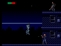 RoboCop travessa un buit entre edificis penjat d’un cable, amb enemics situats a diverses altures.