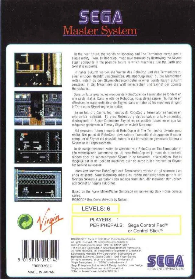 Contraportada europea de RoboCop Versus The Terminator per a Sega Master System, amb quatre captures i text multilingüe.