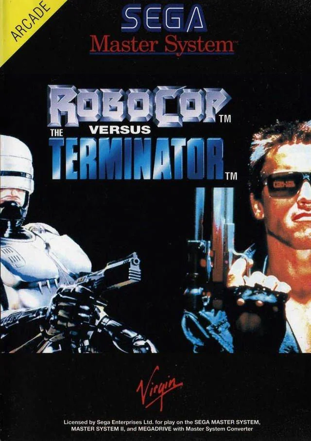 Portada frontal europea de RoboCop Versus The Terminator per a Sega Master System, amb RoboCop i el Terminator armats.