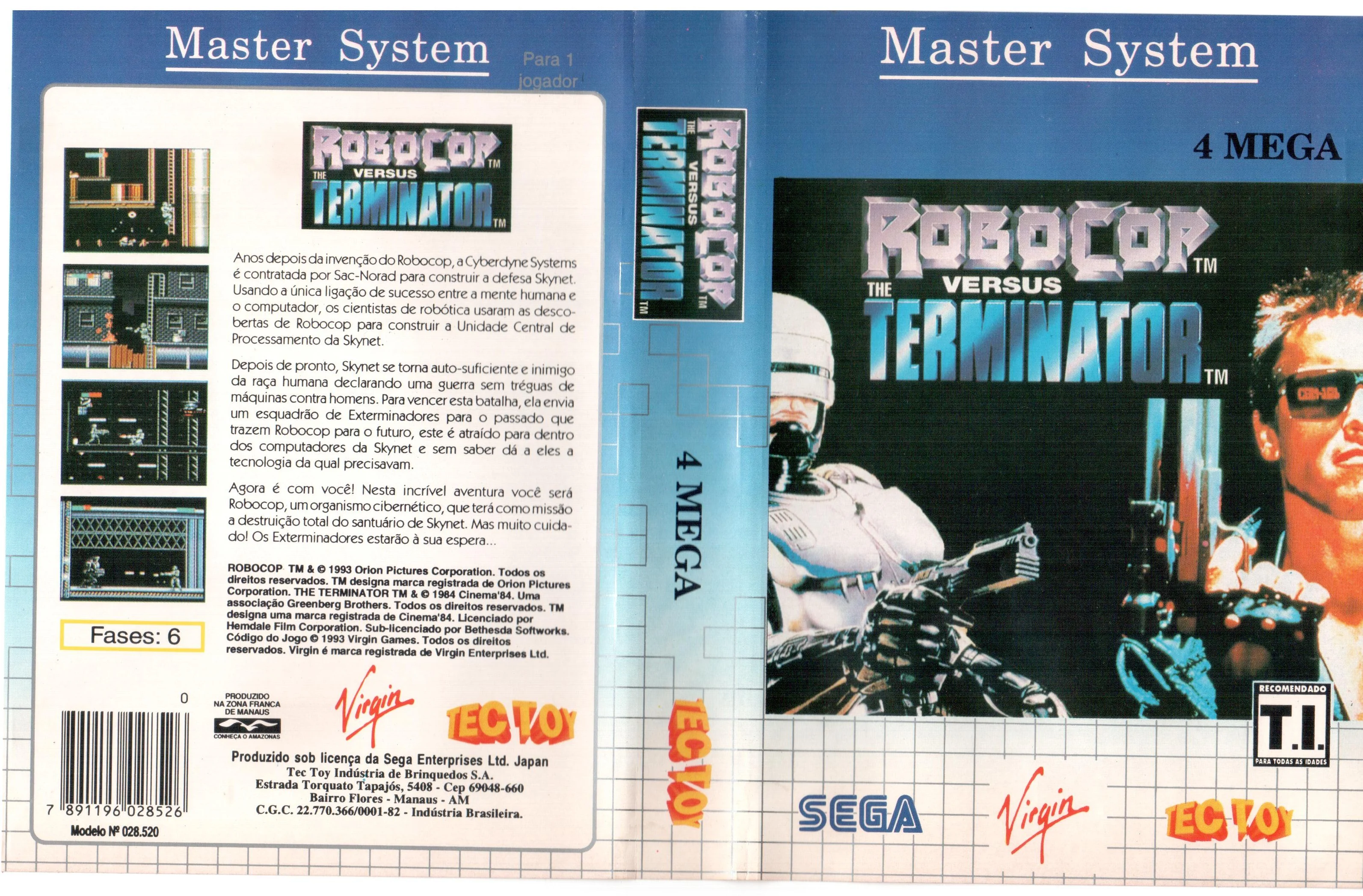 Caràtula brasilera desplegada de RoboCop Versus The Terminator, amb text portuguès, marca Tec Toy i indicació 4 MEGA.