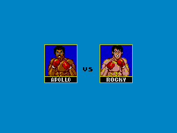 Pantalla de presentació del combat entre Apollo i Rocky, amb els retrats dels dos boxadors.