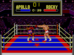 Rocky i Apollo intercanvien cops al ring sota el rellotge, el número d’assalt i els dos mesuradors de potència.