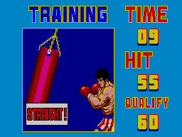 Rocky colpeja un sac de boxa mentre els indicadors Time (temps), Hit (cops) i Qualify ocupen la part superior de la pantalla.