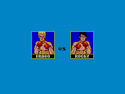 Pantalla de presentació del combat entre Drago i Rocky, amb els retrats dels dos boxadors.