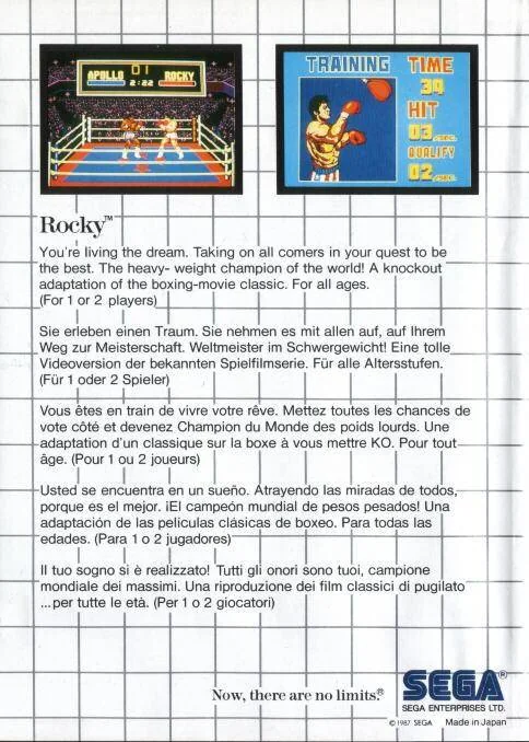 Contraportada europea de Rocky per a Sega Master System, amb captures d’entrenament i combat i text en cinc idiomes.