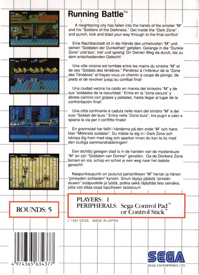 Contraportada europea de Running Battle per a Master System, amb textos multilingües i quatre captures.