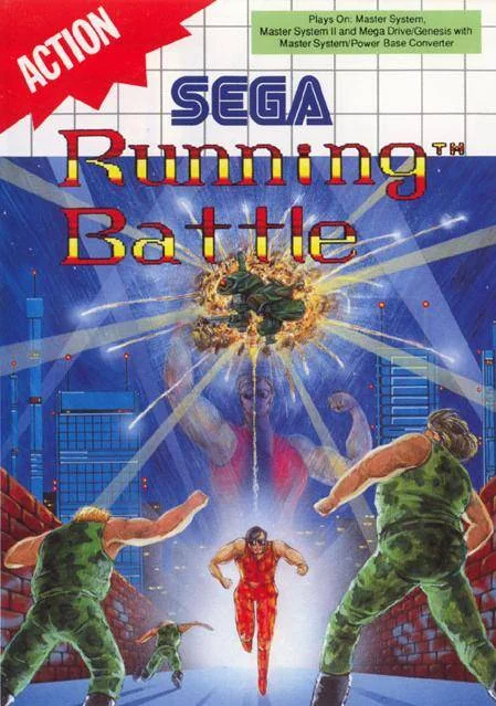 Portada europea de Running Battle per a Master System, amb una escena il·lustrada de combat urbà.