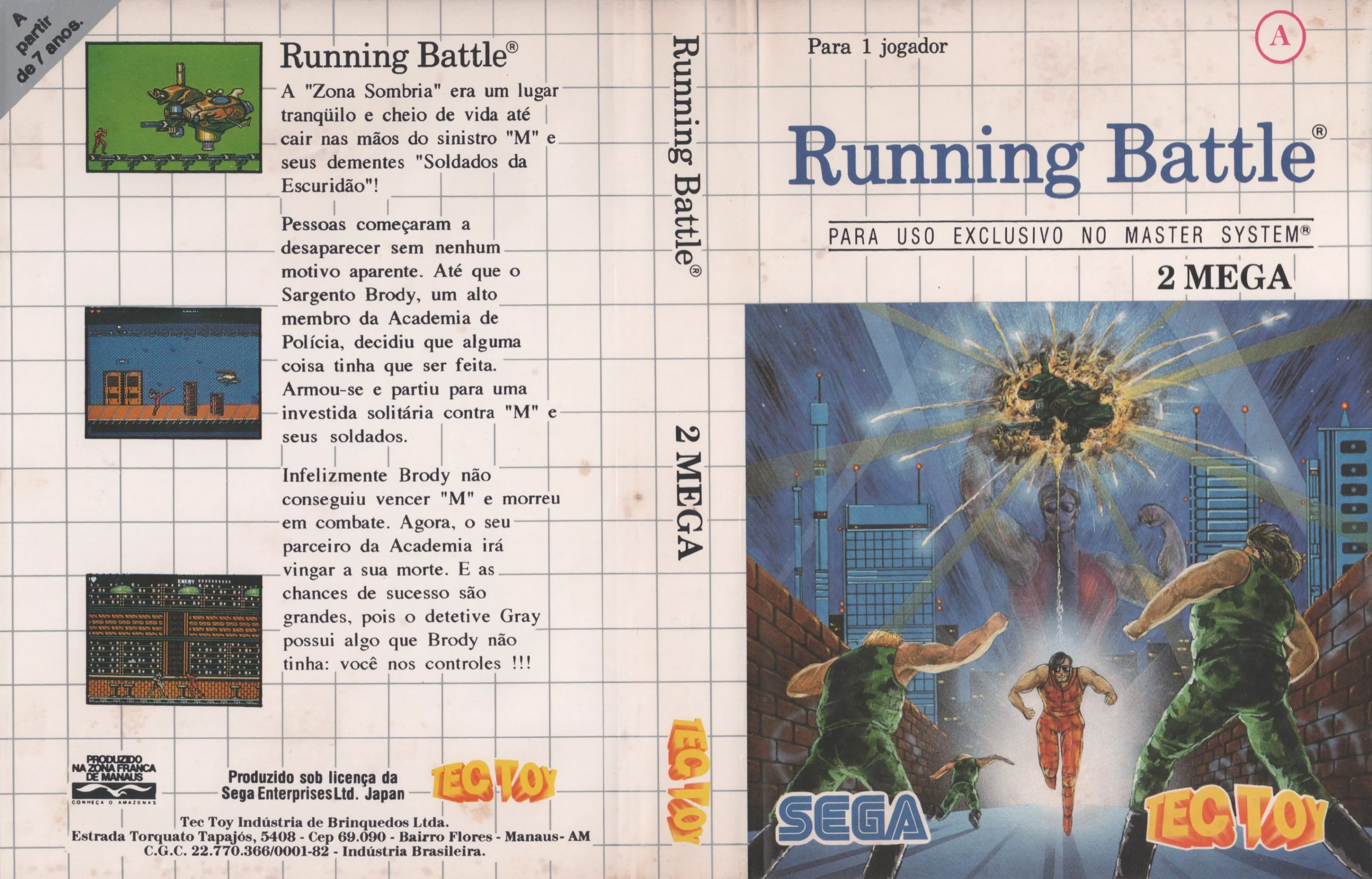 Caràtula brasilera desplegada de Running Battle amb portada, llom i contraportada en portuguès.