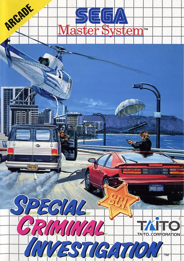 Portada europea de Special Criminal Investigation per a Sega Master System, amb un esportiu vermell perseguint una furgoneta sota un helicòpter.