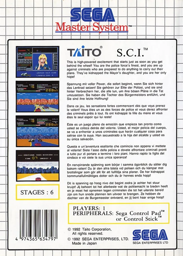 Contraportada europea de Special Criminal Investigation per a Sega Master System, amb quatre captures i text multilingüe.