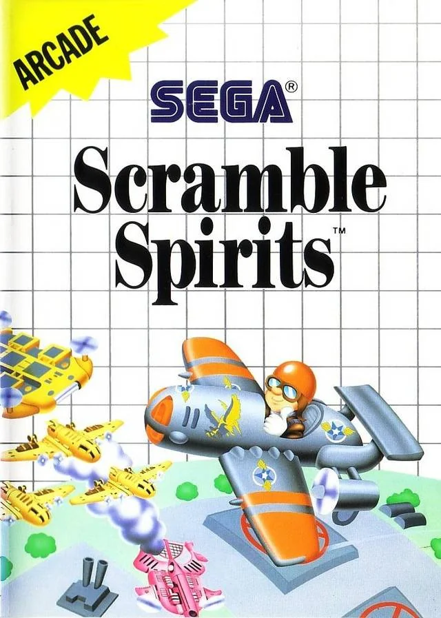 Portada europea de Scramble Spirits per a Sega Master System, amb diversos avions sobre una base.