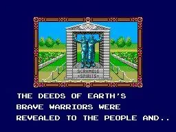 Pantalla narrativa de Scramble Spirits amb un monument i un text sobre els defensors de la Terra.
