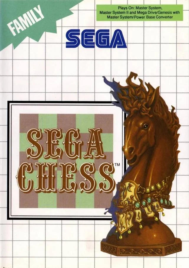 Portada europea de Sega Chess amb un cavall d’escacs davant d’un tauler verd i marró.
