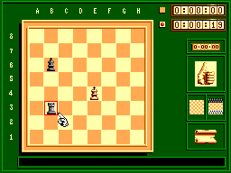 Editor de posicions de Sega Chess amb un tauler parcial, coordenades i controls laterals.
