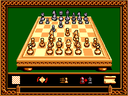 Partida de Sega Chess en vista 3D, amb peces figuratives i icones a la zona inferior.