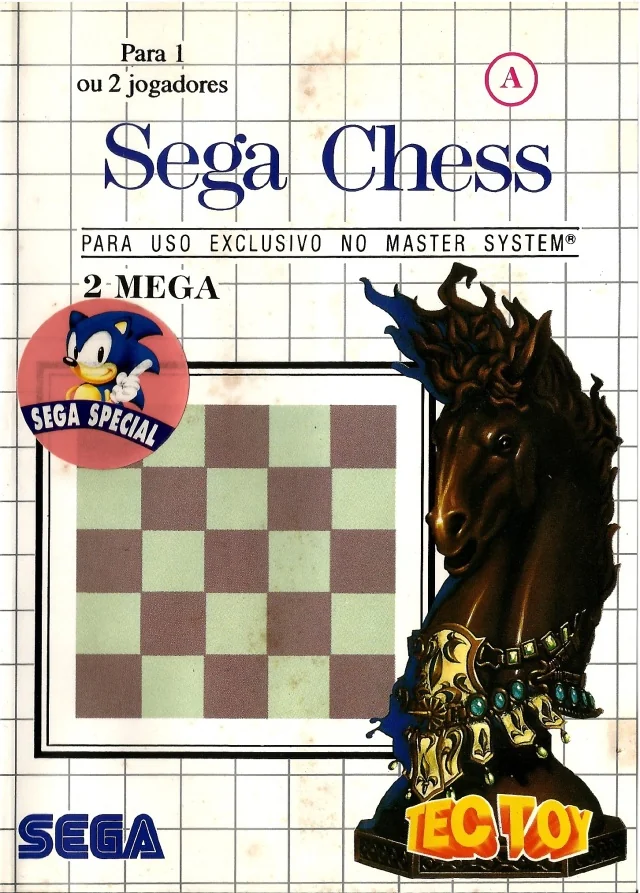 Portada brasilera de Sega Chess amb la peça de cavall, el logotip «Tectoy» i un adhesiu Sega Special.