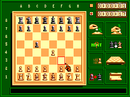 Partida de Sega Chess en el tauler 2D, amb una casella vermella i les icones d’ajuda al lateral.