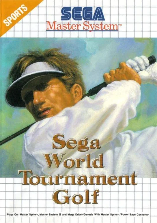 Caràtula frontal europea de Sega World Tournament Golf per a Master System, amb un golfista acabant el moviment de colpeig.